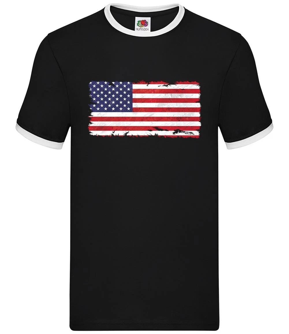 USA Flag Grunge Mens 100% Cotton Crew Neck Ringer T-Shirt
