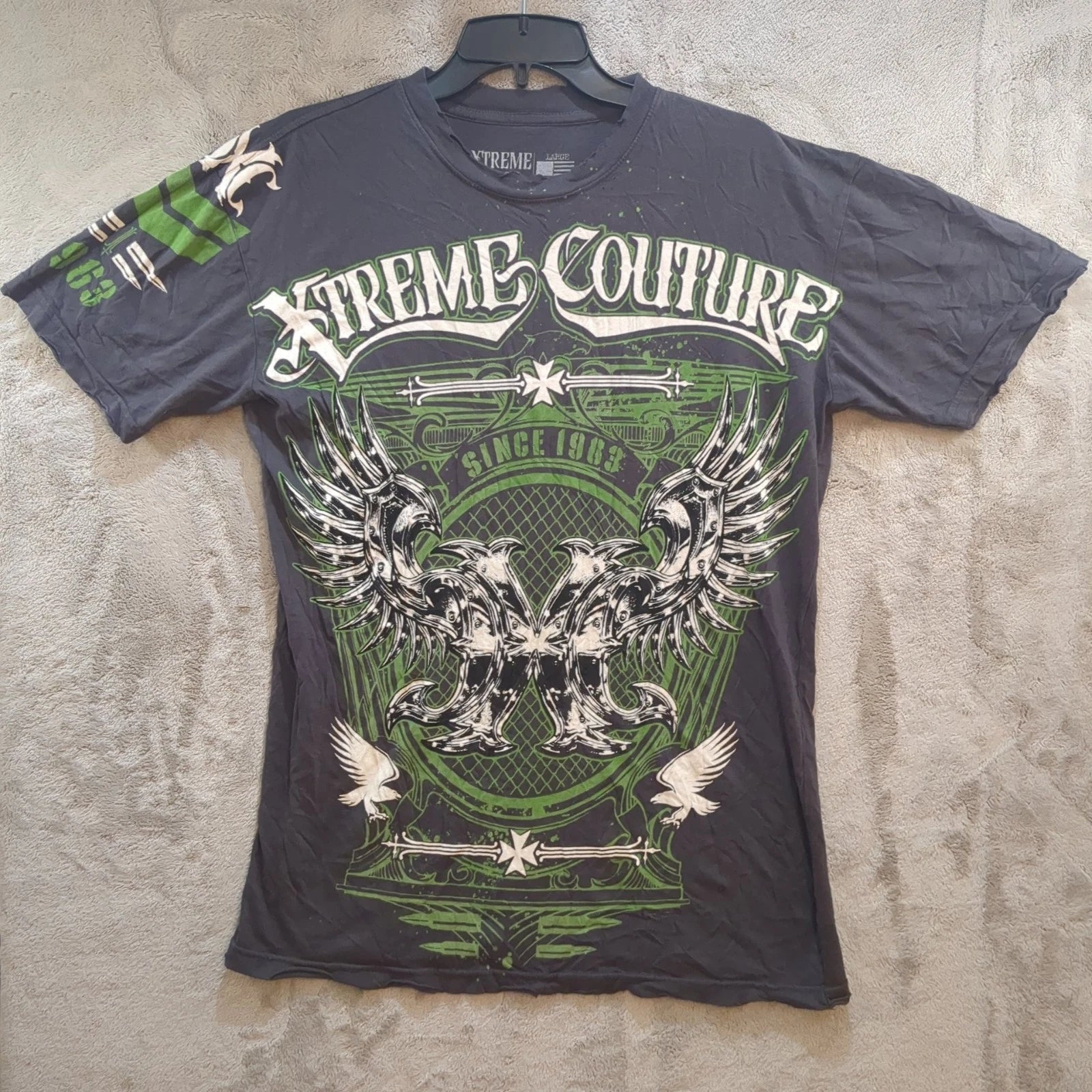 Xtreme Couture 1963 Grunge Spell Out USA Made Gray Shirt Men's Large