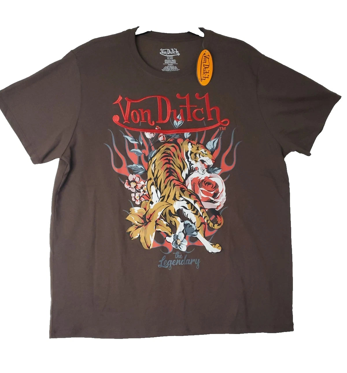 Von Dutch Graphic T Shirt Tiger Rose The Legendary Embroidered Letters (XL)