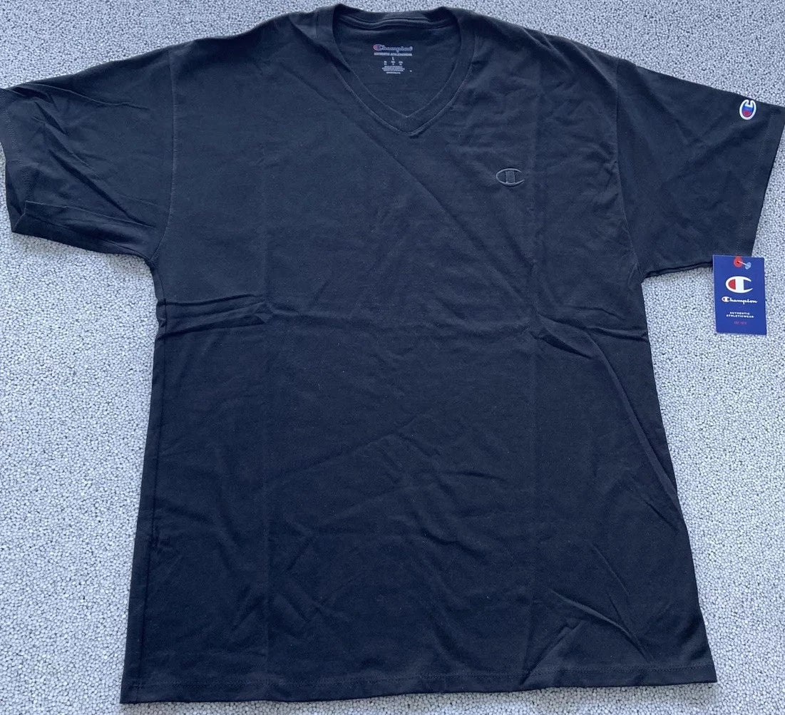 Champion Classic Jersey T-Shirt Men's LARGE Short Sleeve V-Neck Black NWT Logos