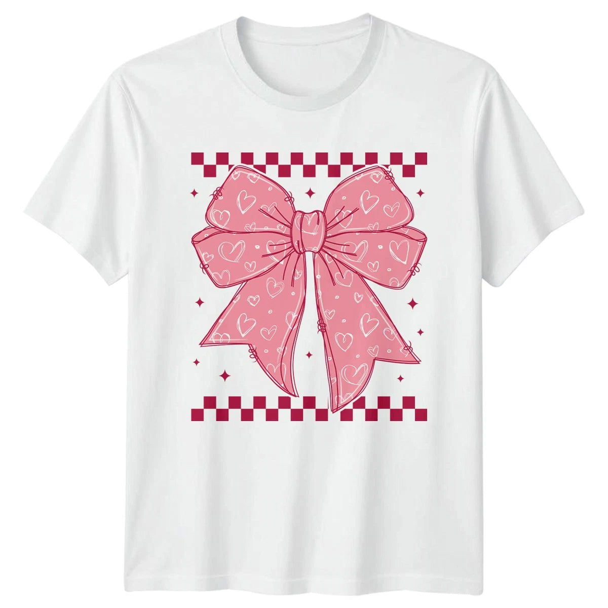 Pink Doodle Bow Heart Kawaii Womens T-Shirt Coquette Aesthetic Fashion
