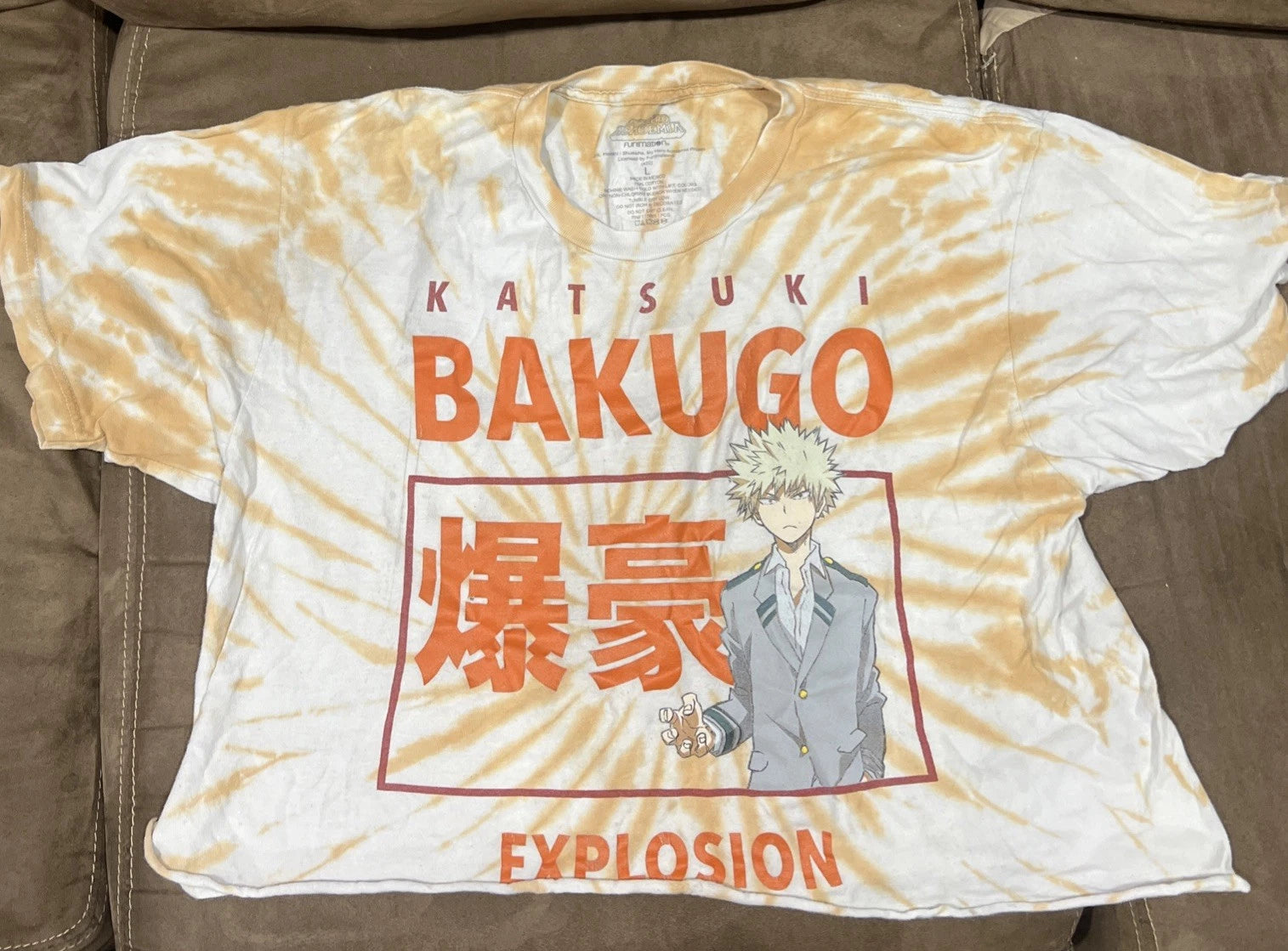 Katsuki Bakugo Shirt Mens Large Cropped Top Brown Tie Dye Anime Cartoon Japan