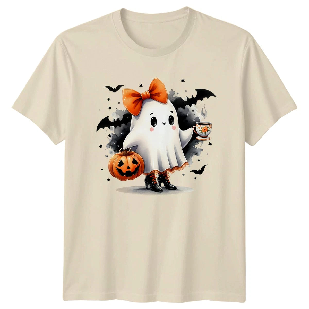 Cute Ghost Pumpkin Halloween Holidays Mens T-Shirt Womens Tee Graphic Unisex