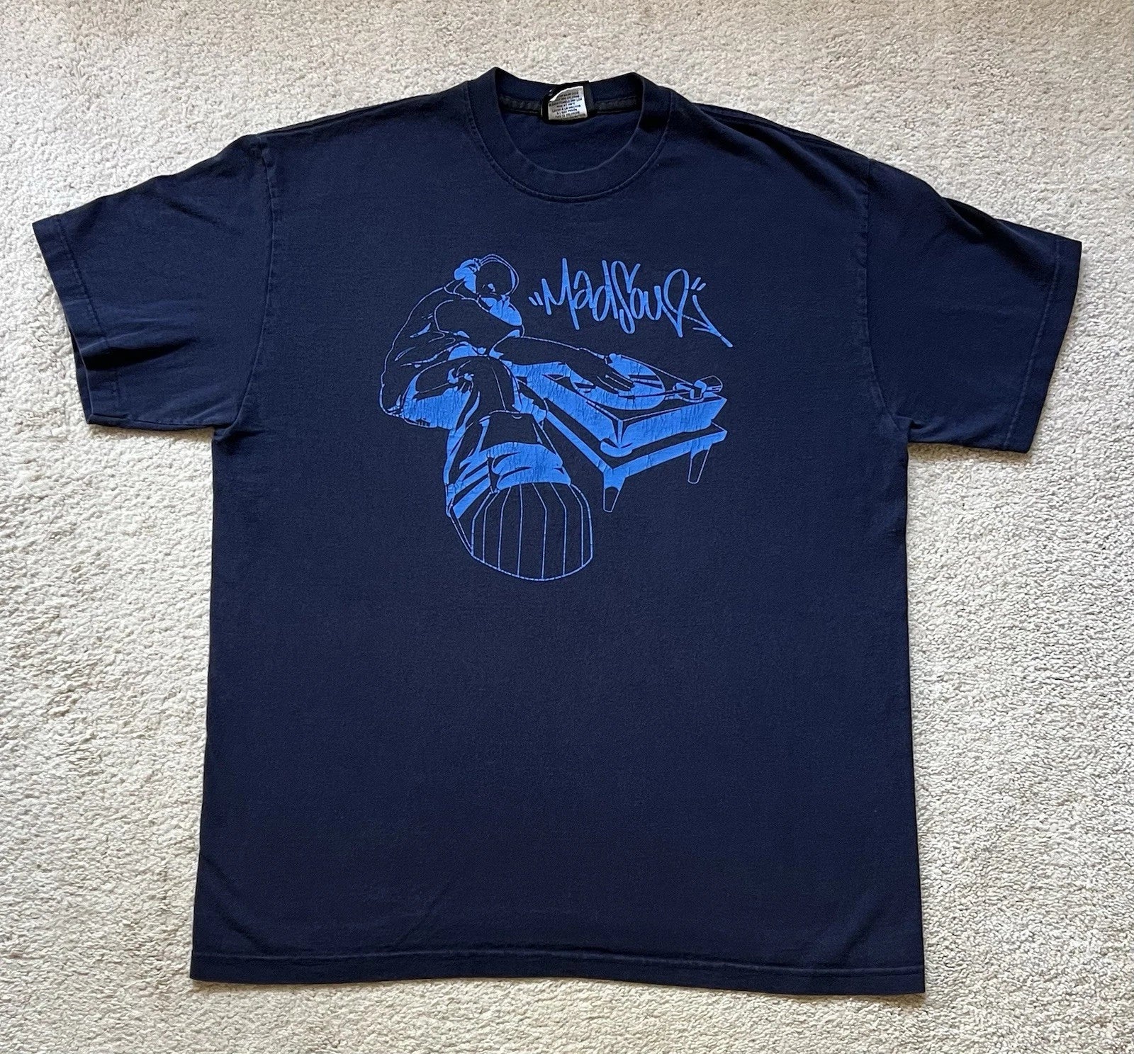 Vintage MadSoul DJ Turntable Hip Hop T-Shirt XL Dark Blue Graphic Shell Toe Y2K