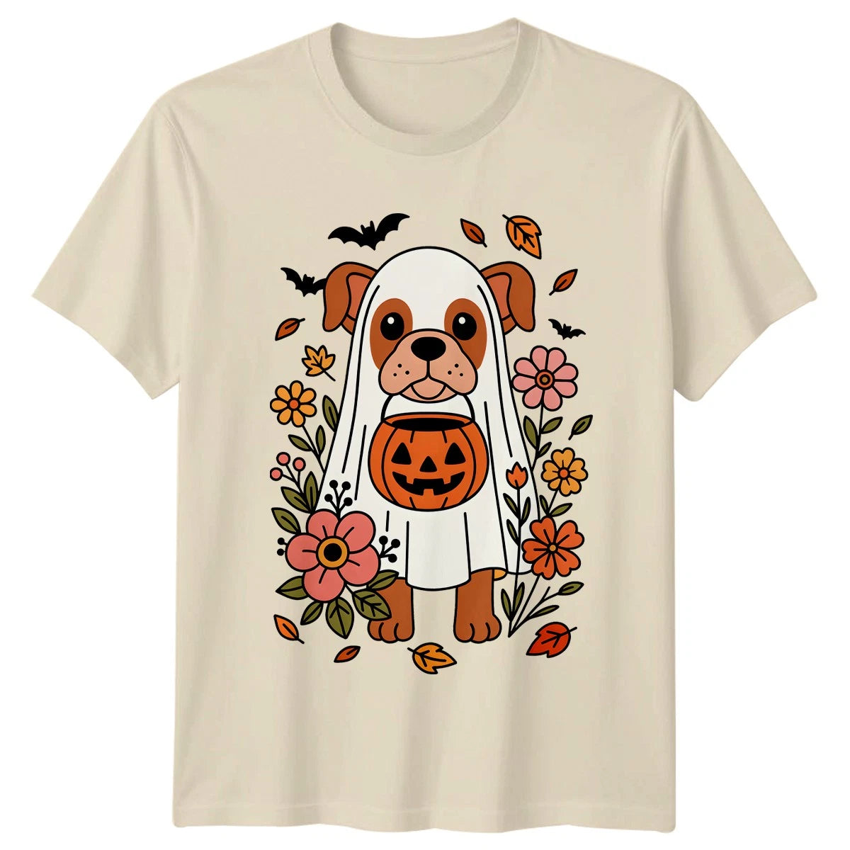 Cute Halloween Ghost Dog Flowers Womens T-Shirt Halloween Gift For Her