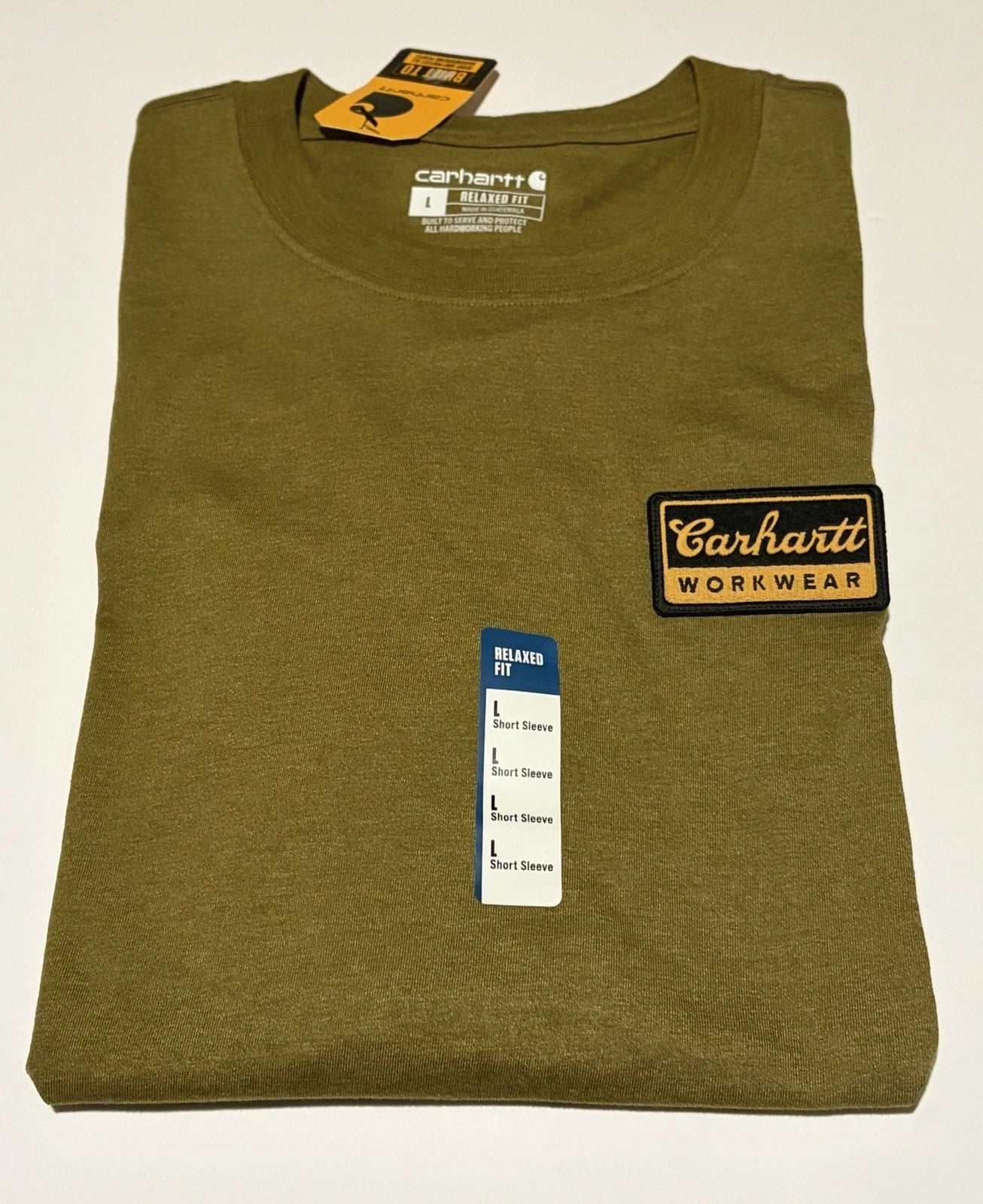 NWT Carhartt Work Wear T-Shirt Mens L Green Script Patch Relaxed Short Sleeve