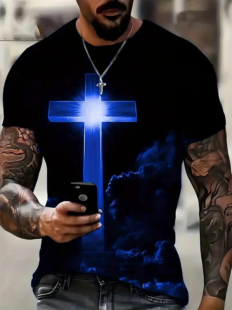 T Shirt Christian Cross Cloud Blue Black Fashion Trendy Men Short Sleeve T-Shirt
