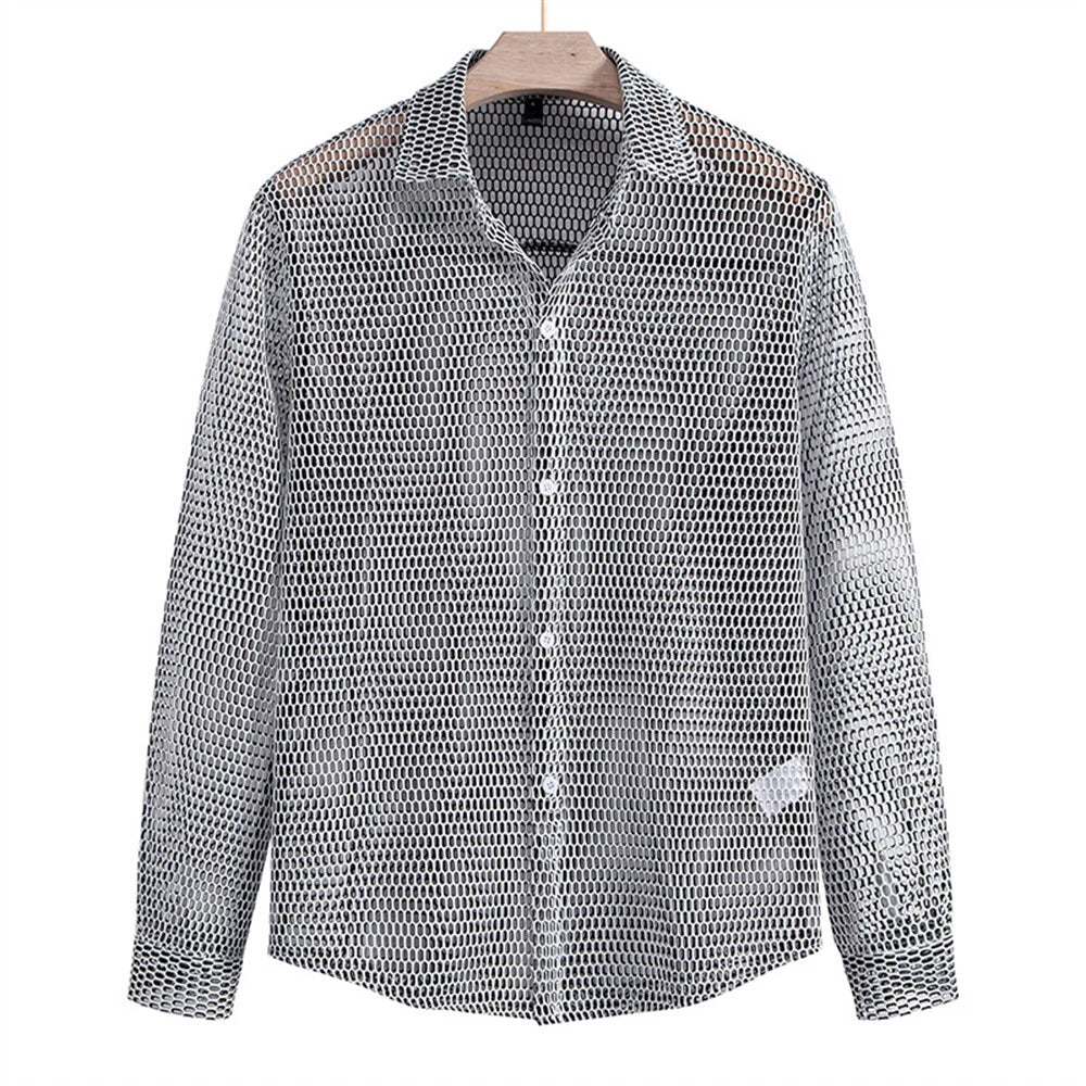 Men's See Through Fishnet Shirt Long Sleeve Sexy Undershirts Tee Tops