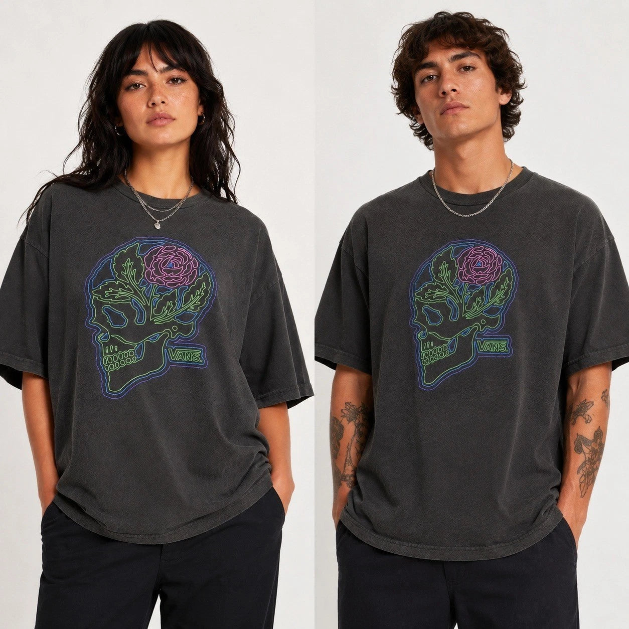 VANS Off The Wall Neon Sign Skull & Rose Graphic T-Shirt Mens XL Faded Black