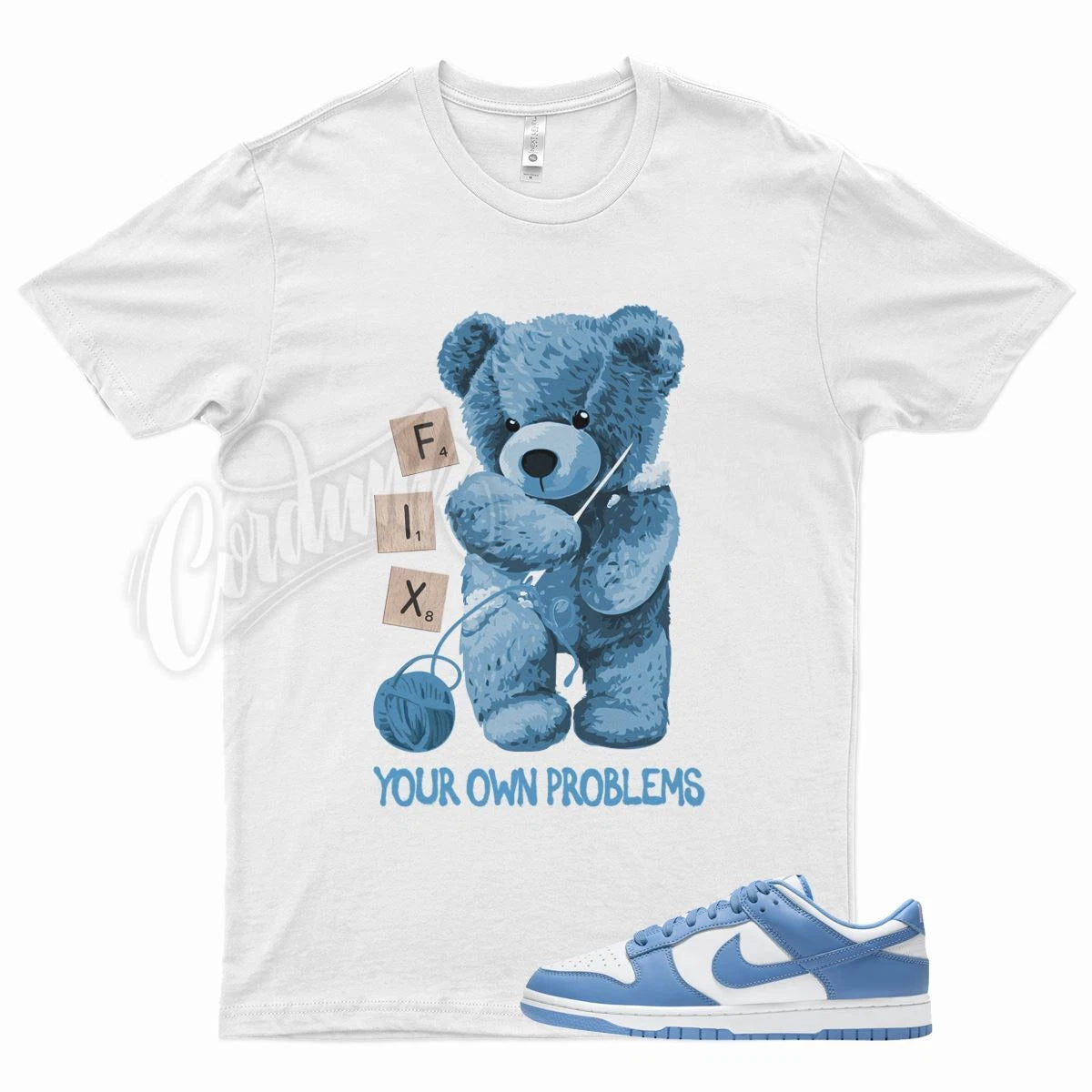 White FIX T Shirt for N Dunk Low University Blue Carolina 1 4 Mid Air