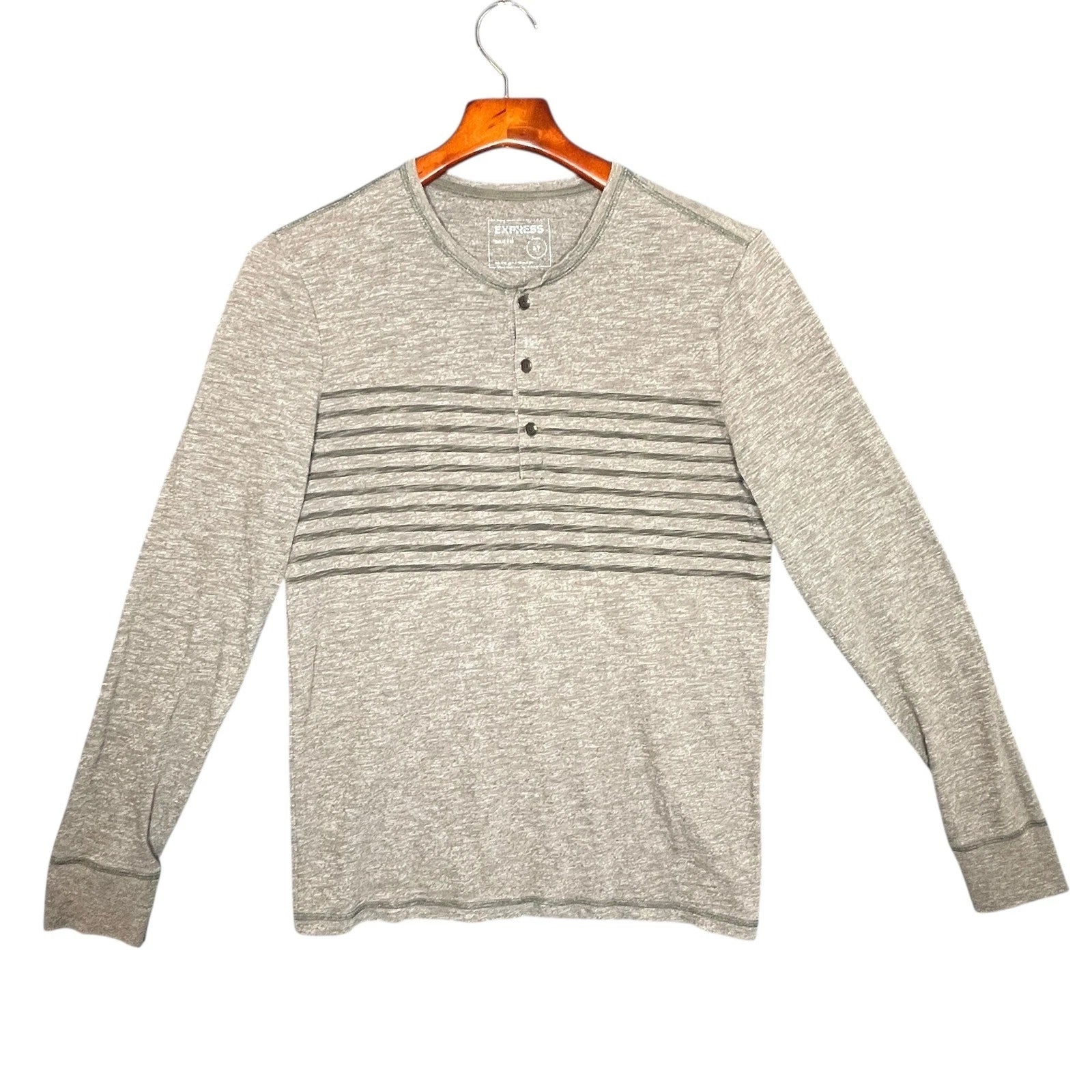Express Mens Long Sleeve Henley Shirt Gray Striped Size Small Grunge Streetwear