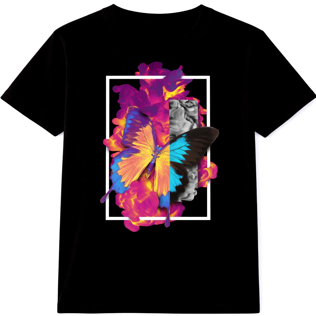 Butterfly T Shirt Colorful Smoke Graphic Tee Abstract Art Vibrant Design Top