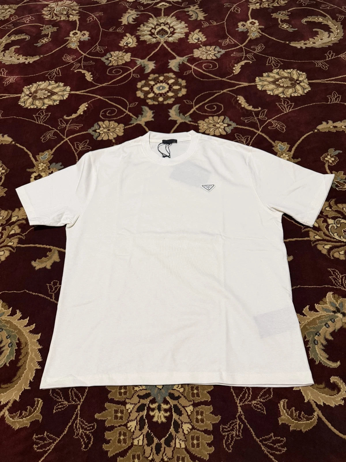 Prada Designer White Cotton Badge Logo Short Sleeve Crew Neck T-Shirt Size XL