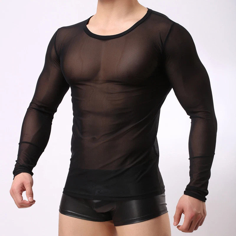 Mens Stretch Mesh Sheer T-shirt See-Through Crew Neck Long Sleeve Top Tee shirt
