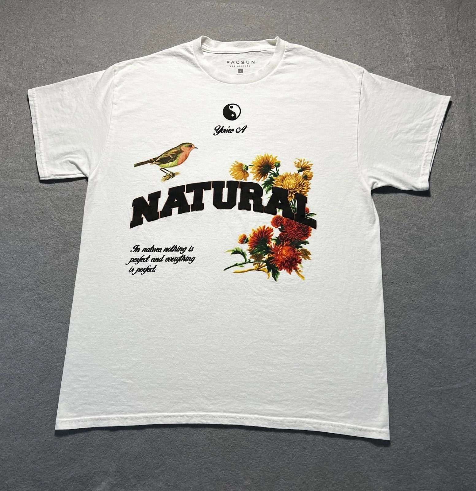 PacSun Natural T-Shirt Men’s Large White Cotton Graphic Bird Flowers