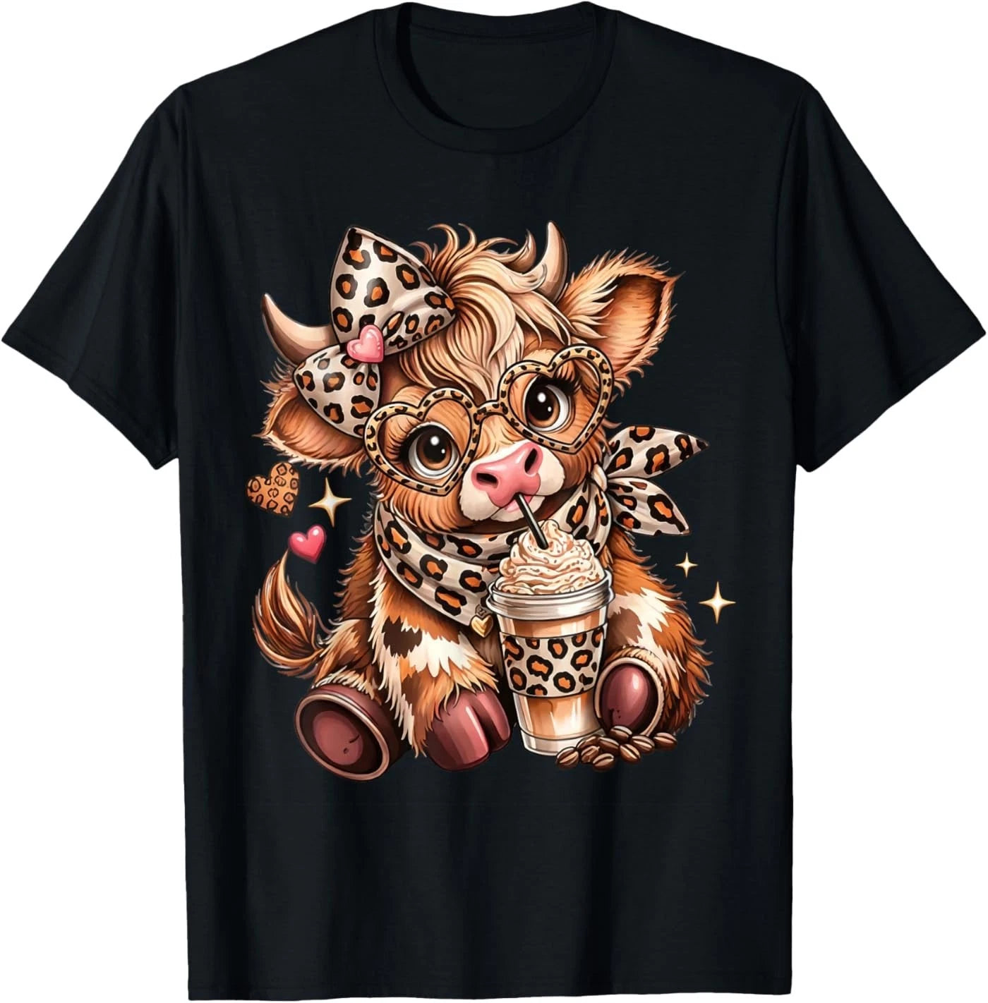 Cute Highland Cow Coffee Addict Funny Cowgirl Leopard Women T-Shirt