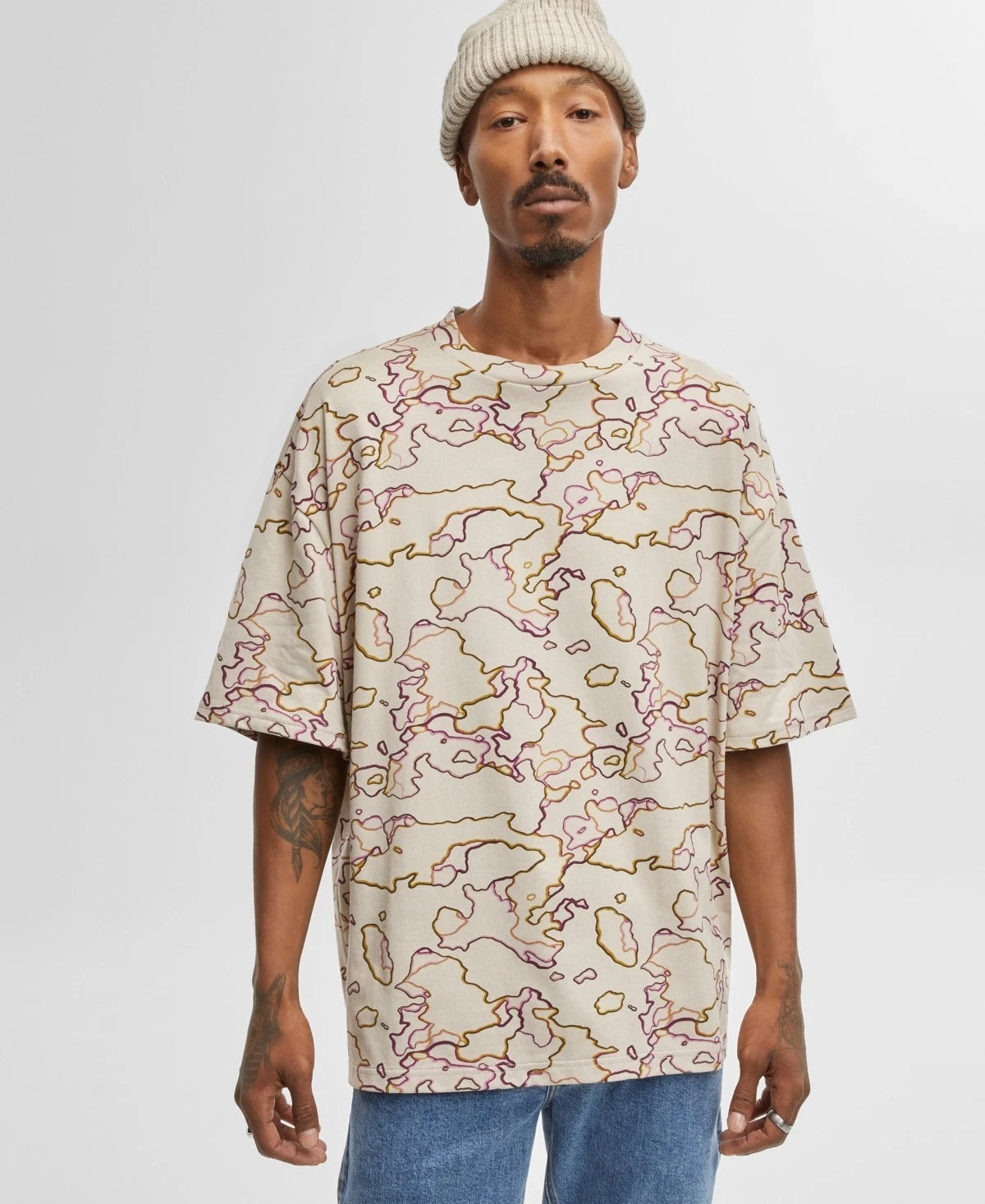 MODE OF ONE Oversized-Fit Graphic Jersey T-Shirt Men's Large Dark Ecru Abstract