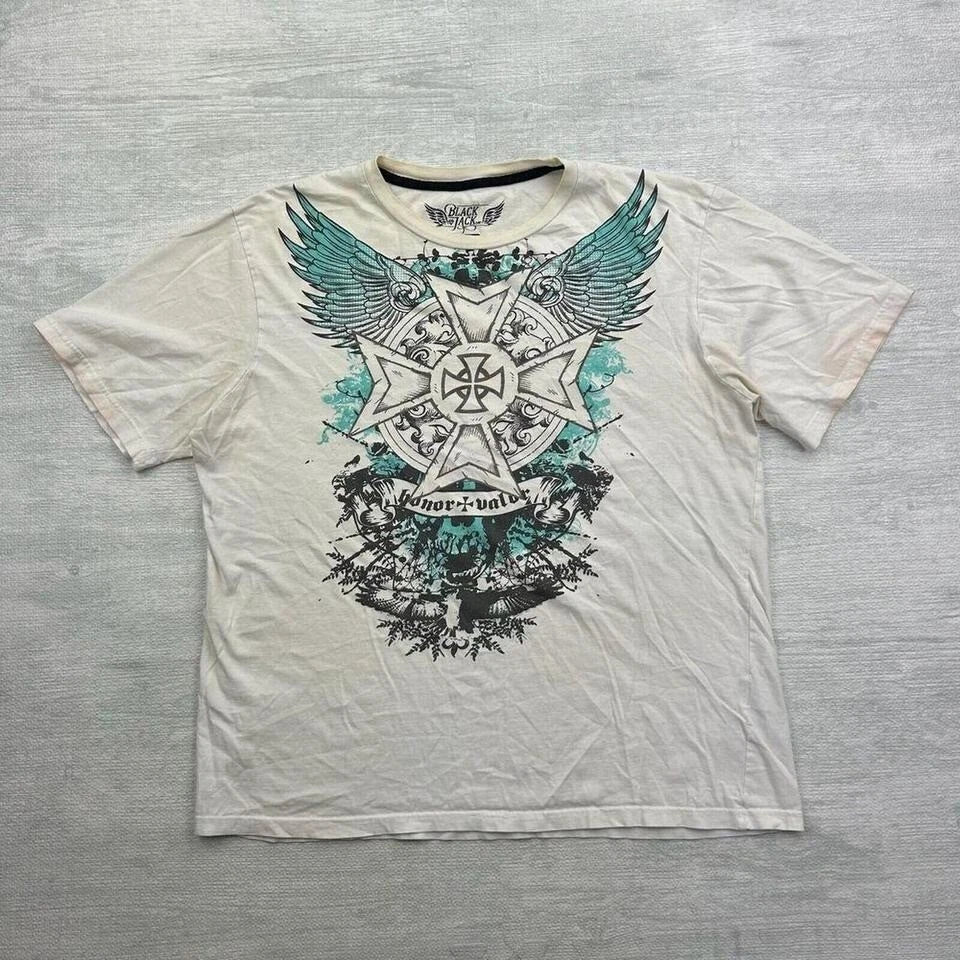 Vintage Y2K Black Jack Shirt Adult XL White Angel Wings Cyber Grunge MMA