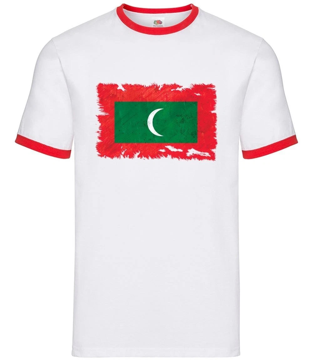 Drapeau Maldives Style Grunge Homme Ringer T-Shirt Coton Manches Courtes