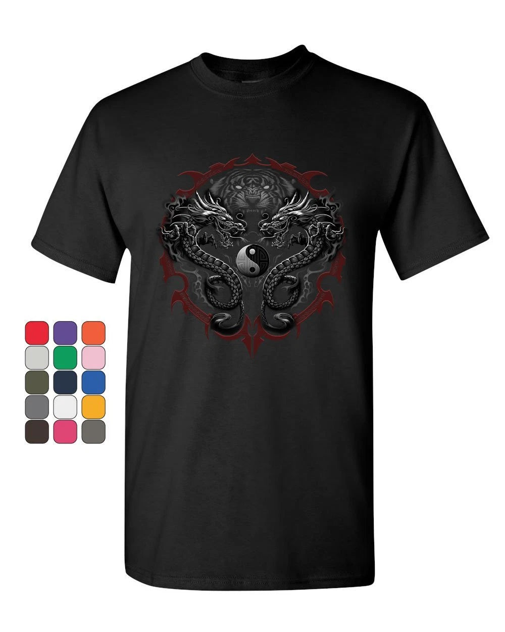 Bengal Rising Dragons T-Shirt Asian Art Wild Tiger Yin and Yang  Mens Tee Shirt