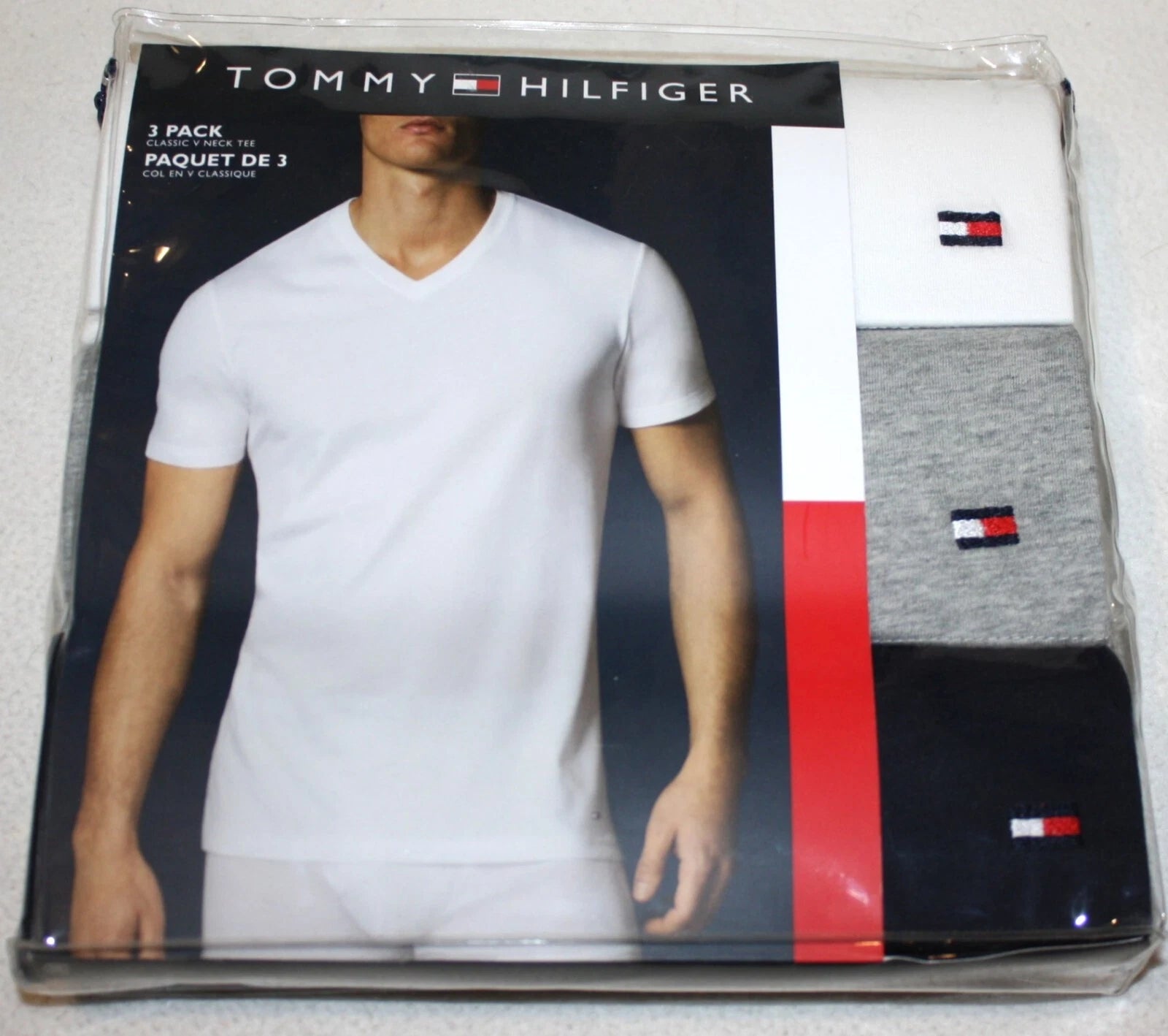3 Tommy Hilfiger V-Neck T-Shirts Cotton White Gray Navy 3 Pack New