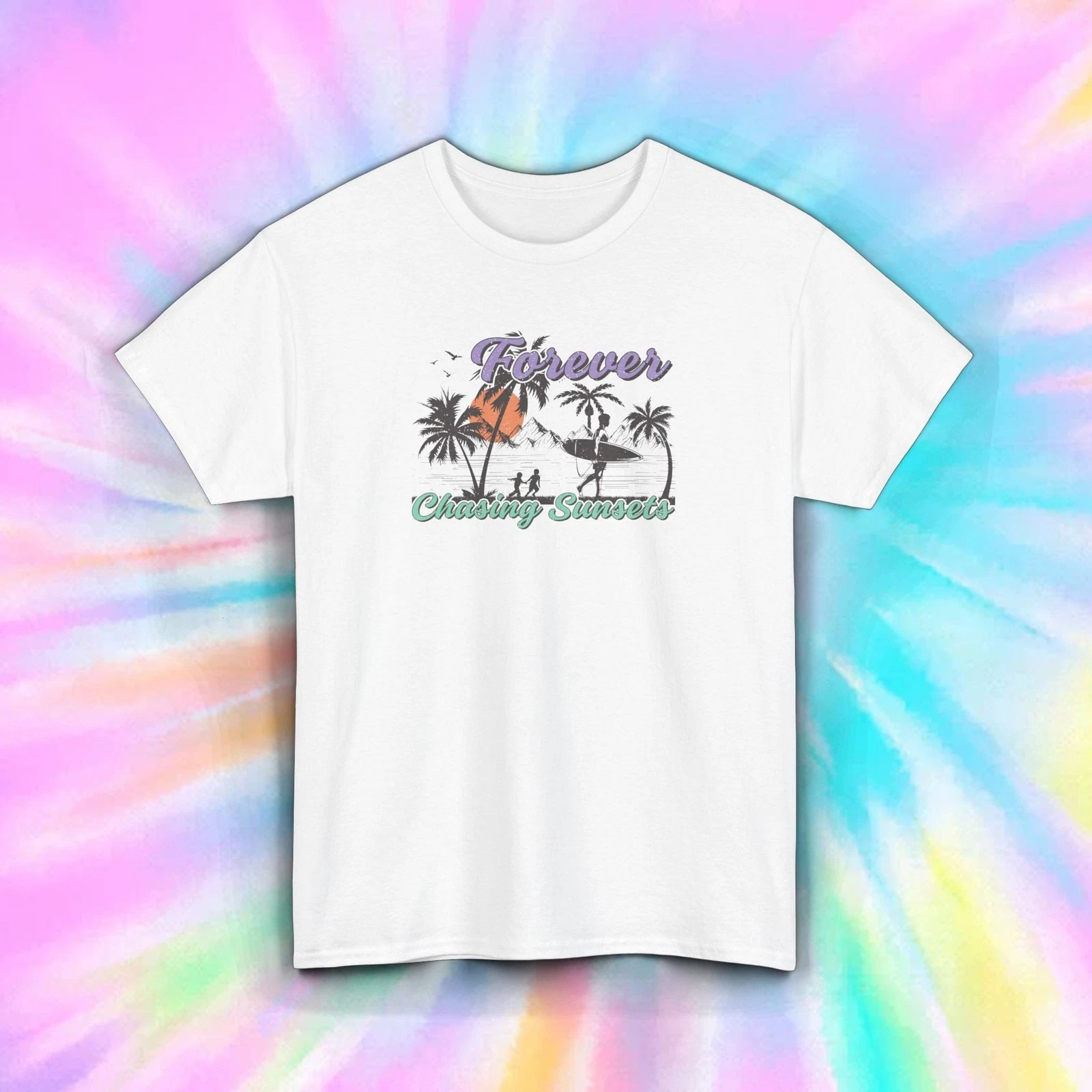 Forever Chasing Sunsets T-Shirt Beach Surfing Palm Trees Aesthetic S-5XL