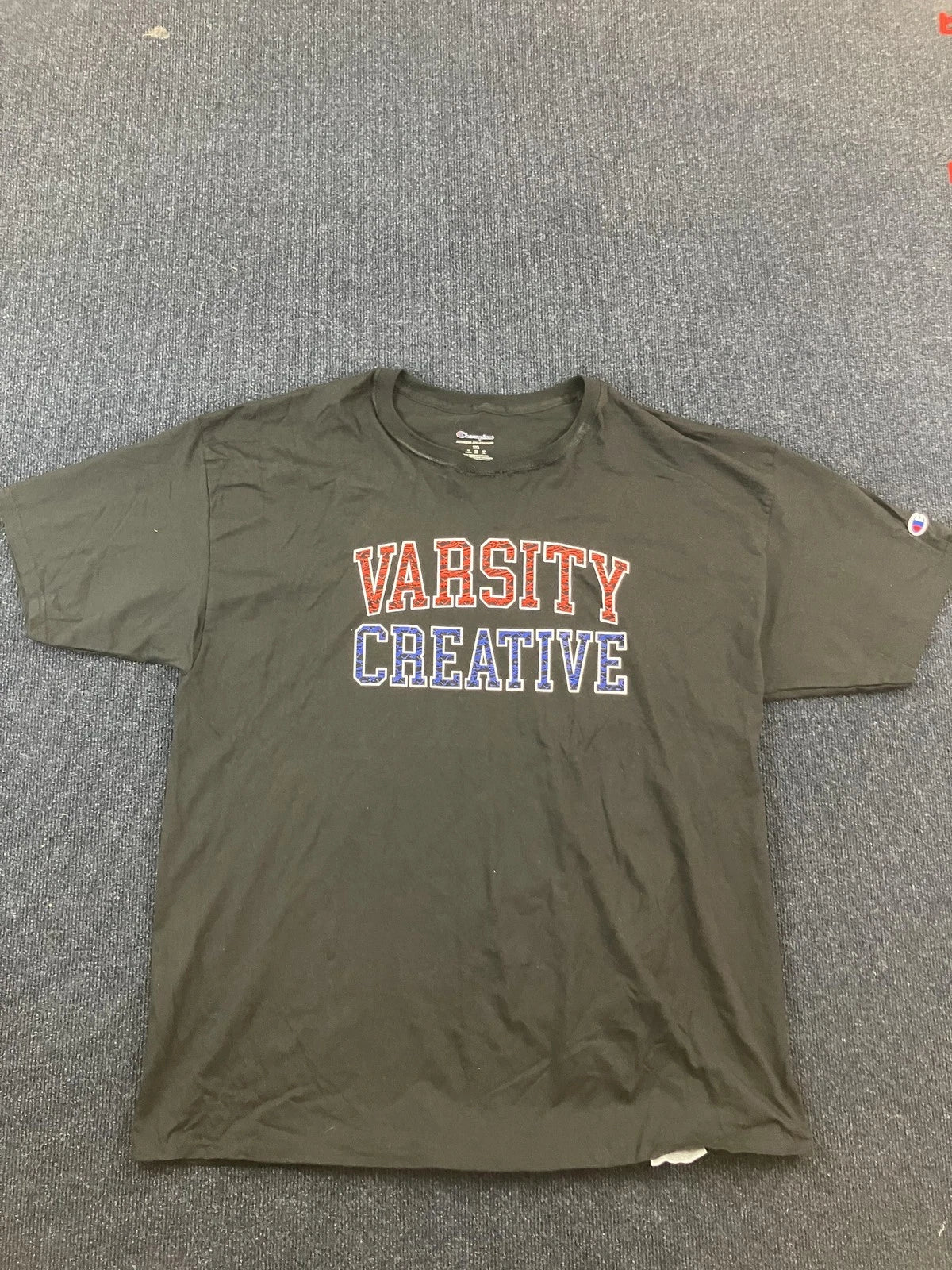Champion Shirt Mens 2XL Black Varsity Creative Graphic Tee Athletic Short Sleeve
