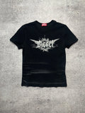Diesel T-ELE-LONG Gothic Wing Logo T-Shirt Black Ribbed Cotton Size L Y2K Grunge
