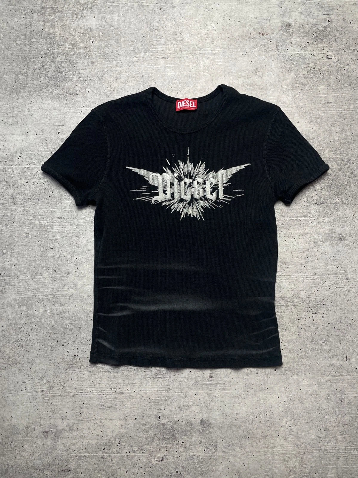Diesel T-ELE-LONG Gothic Wing Logo T-Shirt Black Ribbed Cotton Size L Y2K Grunge