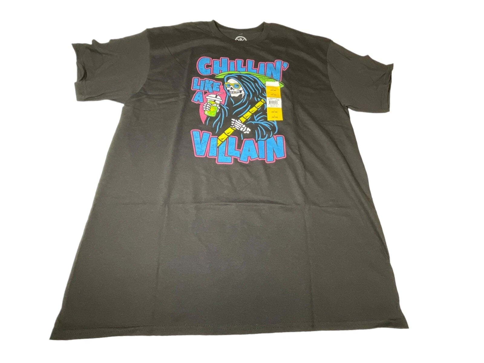 Chillin’ Like A Villian Mens T-Shirt Sz LRG Black Skull Grim Reaper 100% Cotton