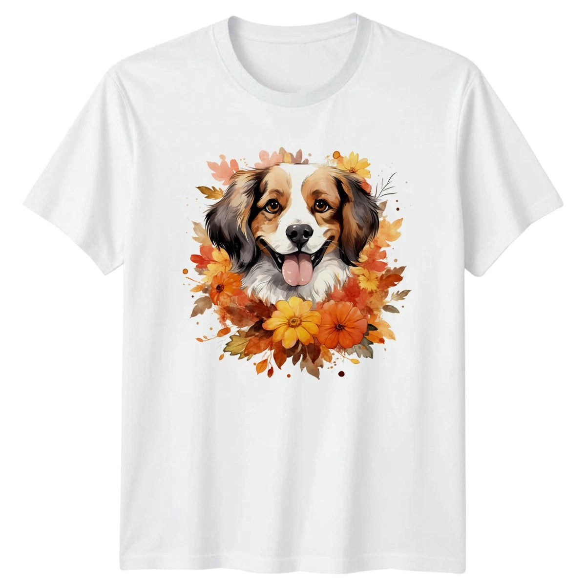 Cute Watercolor Fall Dog T-Shirt Autumn Floral Dog Lovers Gift For Him And Her