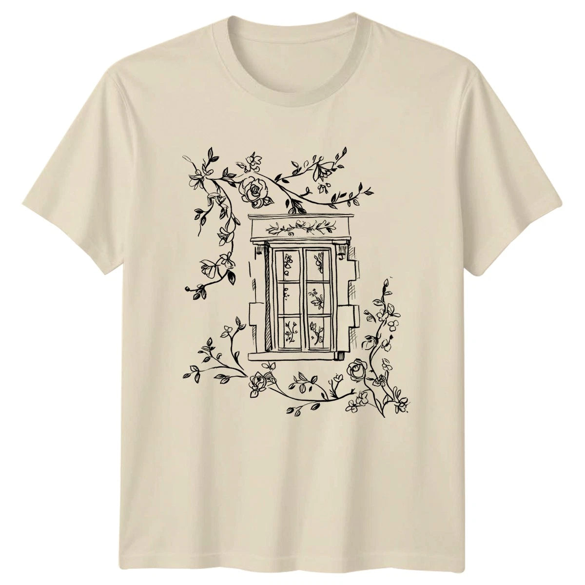 Aesthetic Cottagecore Window With Climbing Womens T-Shirt Floral Sketch Birthday
