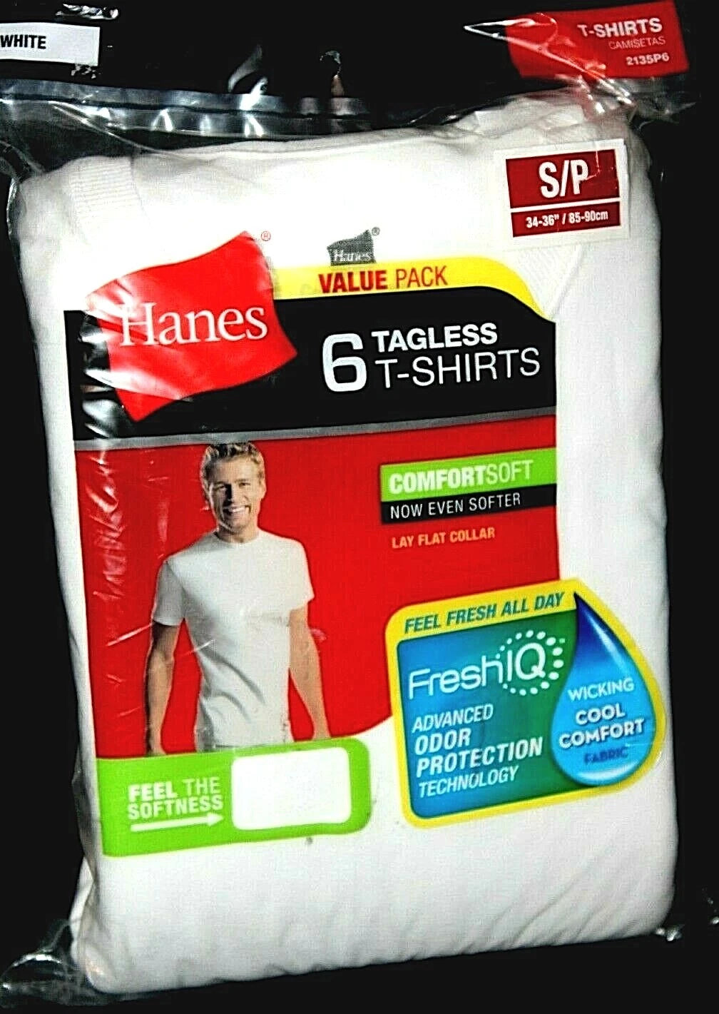 Hanes Men's White 6-Pk Crew Neck Tagless T-Shirts Small (34-36")