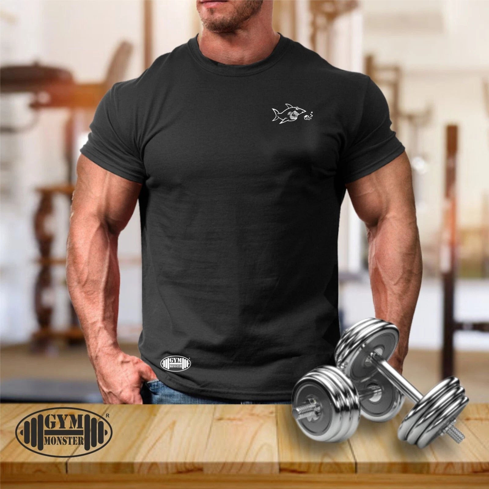 Shark Face Off T Shirt Pocket Gym Clothing Bodybuilding Training Workout MMA Top