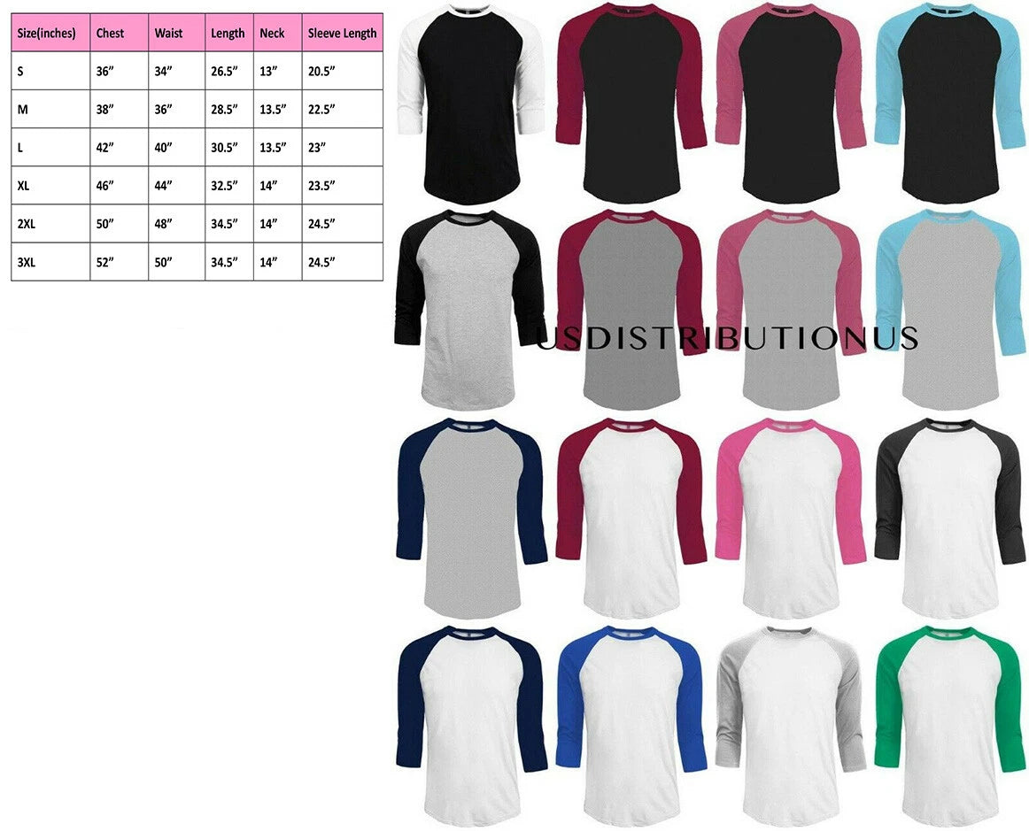 3/4 Sleeve Plain T-Shirt Baseball Tee Raglan Jersey Sports Men's Tee