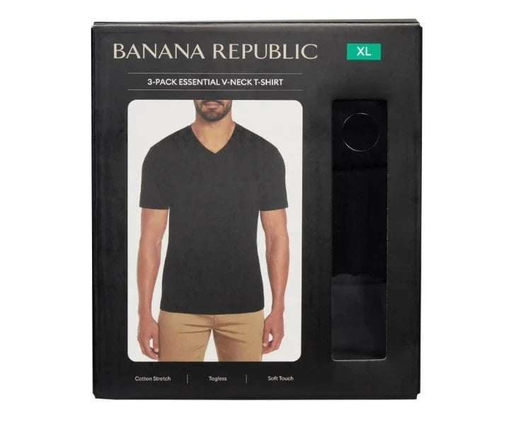 3-Pack Banana Republic Men's V-Neck Tee, Cotton Stretch Tagless BLACK OR WHITE