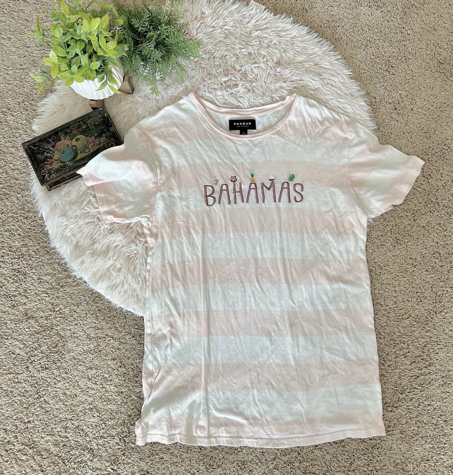 Pacsun  Striped Tee Bahamas Shirt Trendy Modern 90s Style Crew tee Pink White M