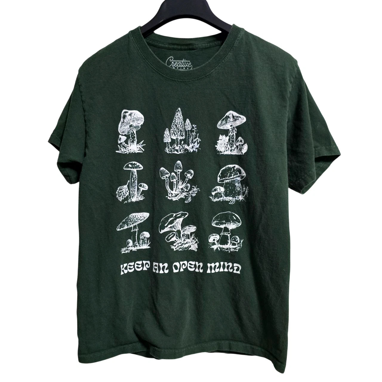 Creative Empire Mushroom T-Shirt Forest Green Keep An Open Mind Size M