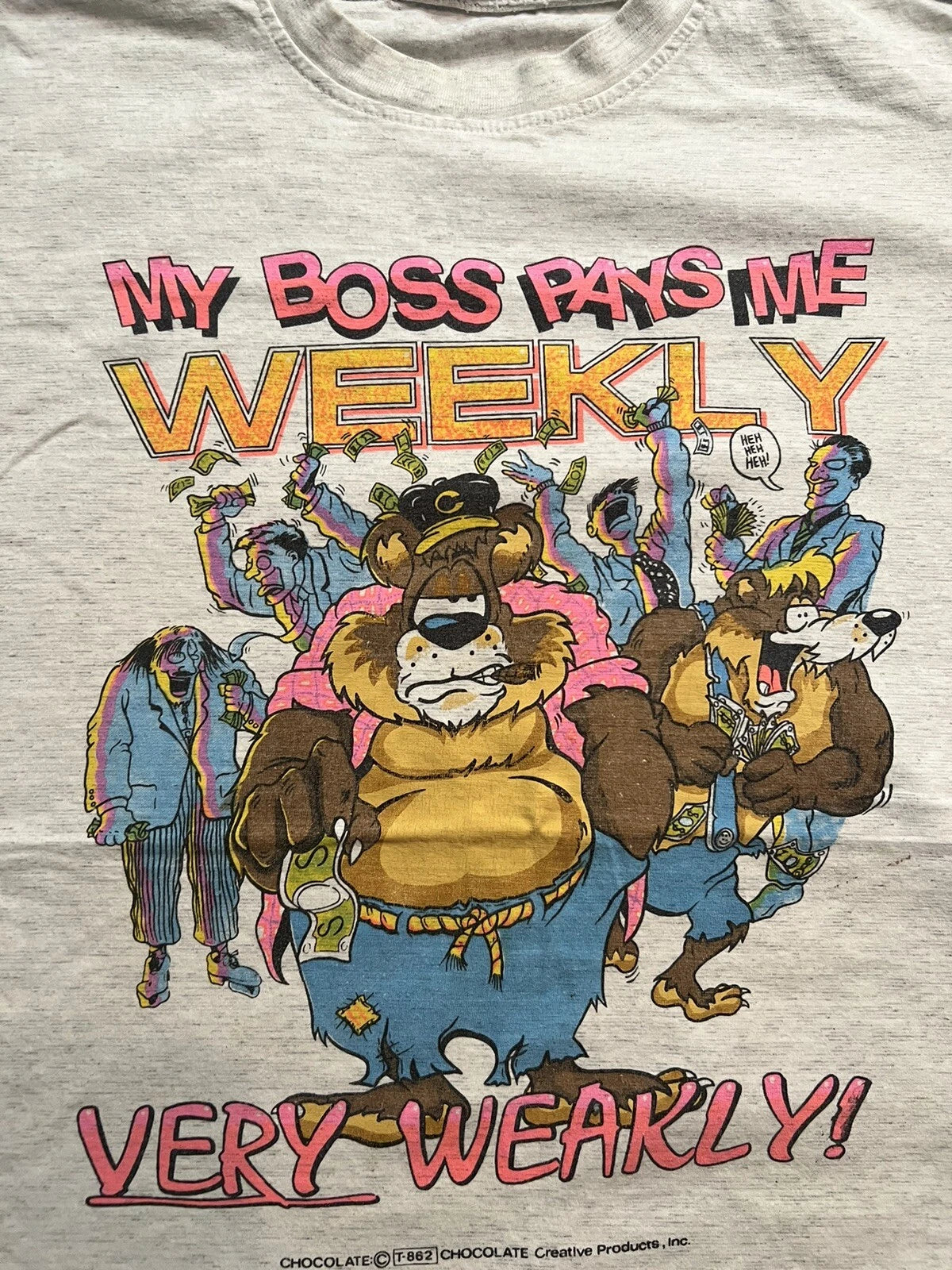 Vtg T-shirt Funny Boss Bear Large Neon Colors 90’s Chocolate Creative