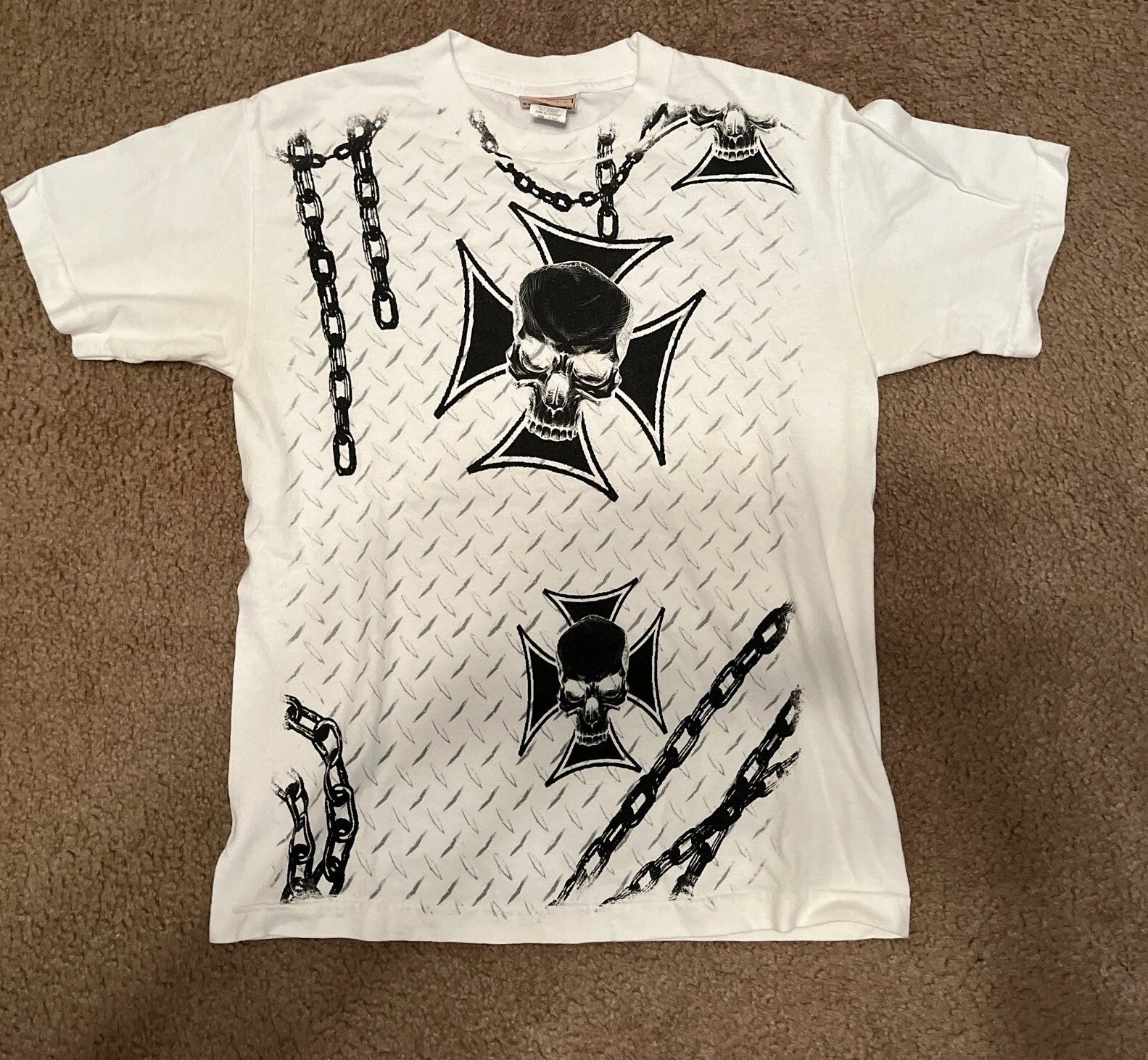 Y2K Grunge Skull Cyber Graphic White T-Shirt Mens Small. Fifth Sun.