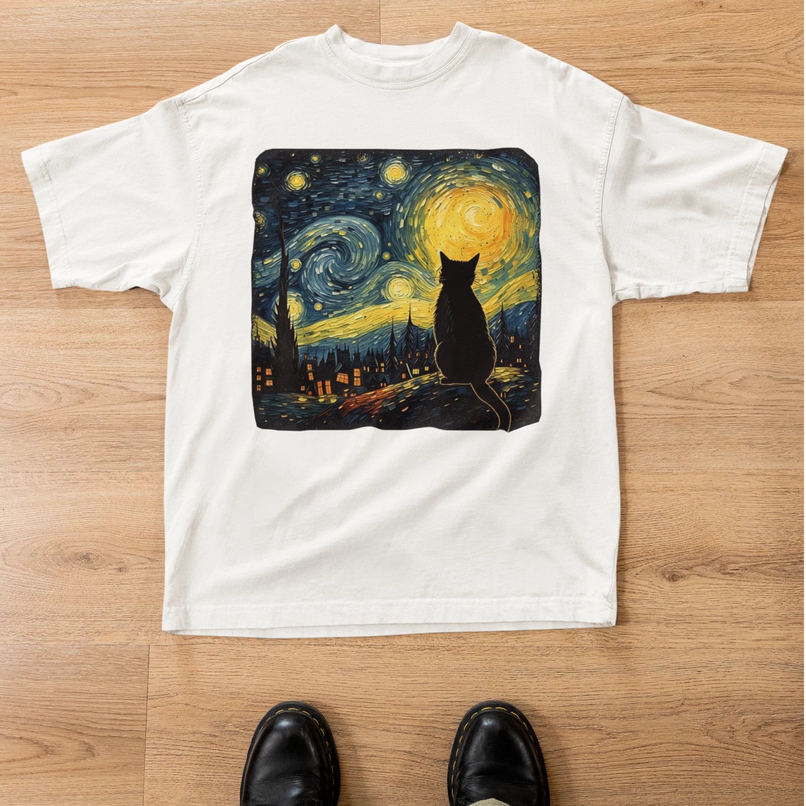 Starry Night Cat Shirt Artistic Black Cat Painting Aesthetic Graphic Tee