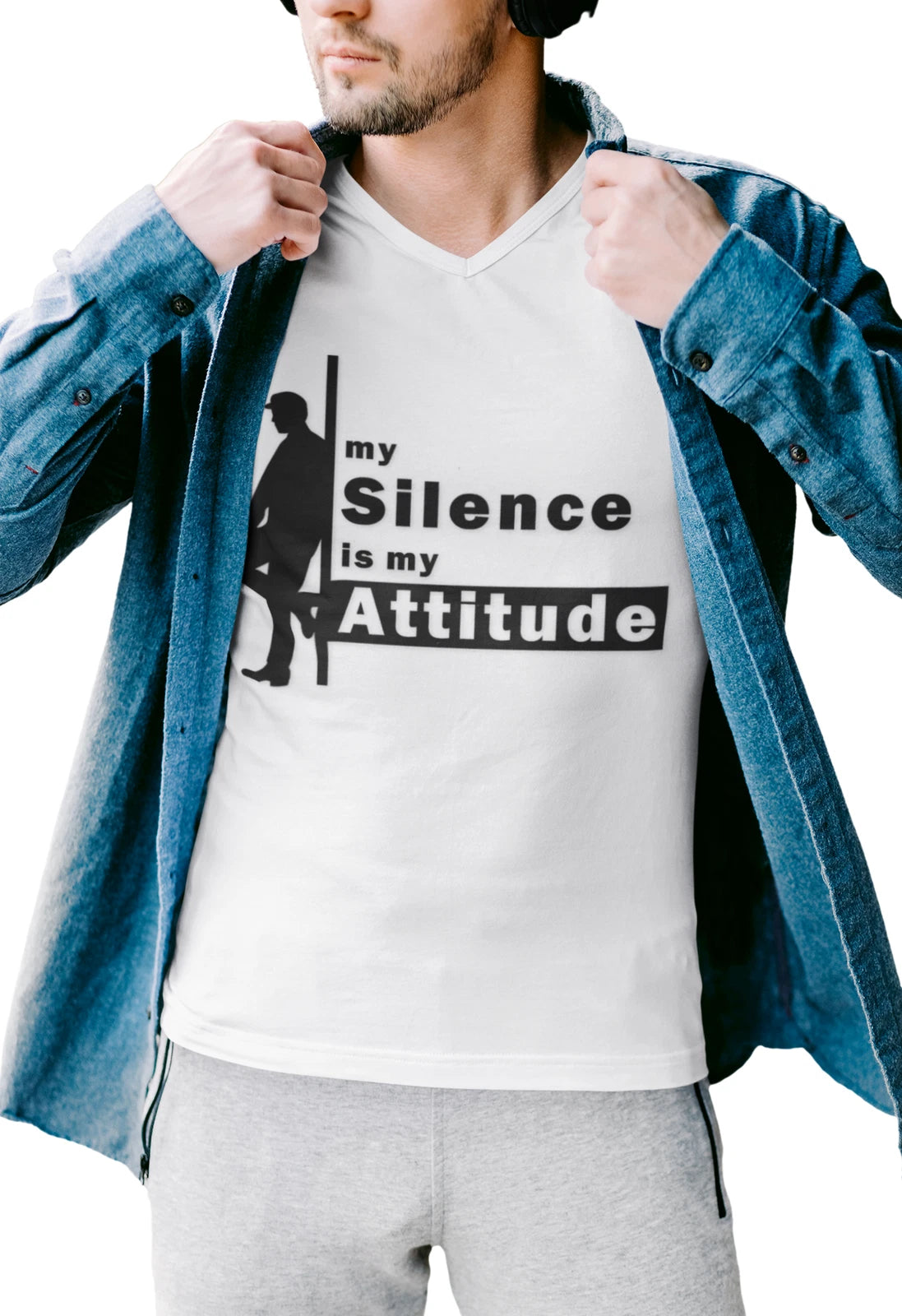Stylish Men's Fitted V-Neck Tee - My Silence is My Attitude, Casual Wear, Gift
