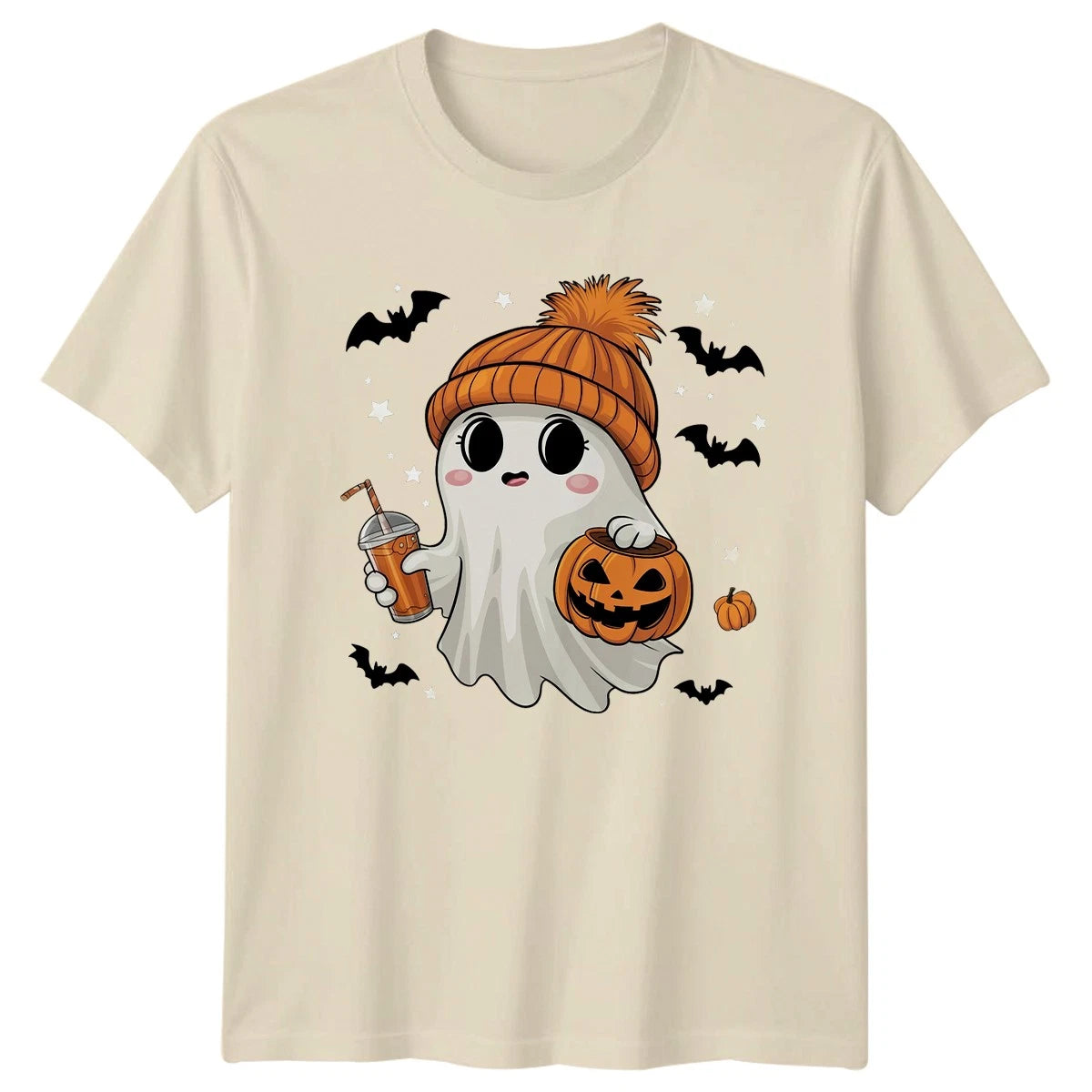 Cute Ghost Pumpkin Halloween Holidays Mens T-Shirt Womens Tee Graphic Unisex Top