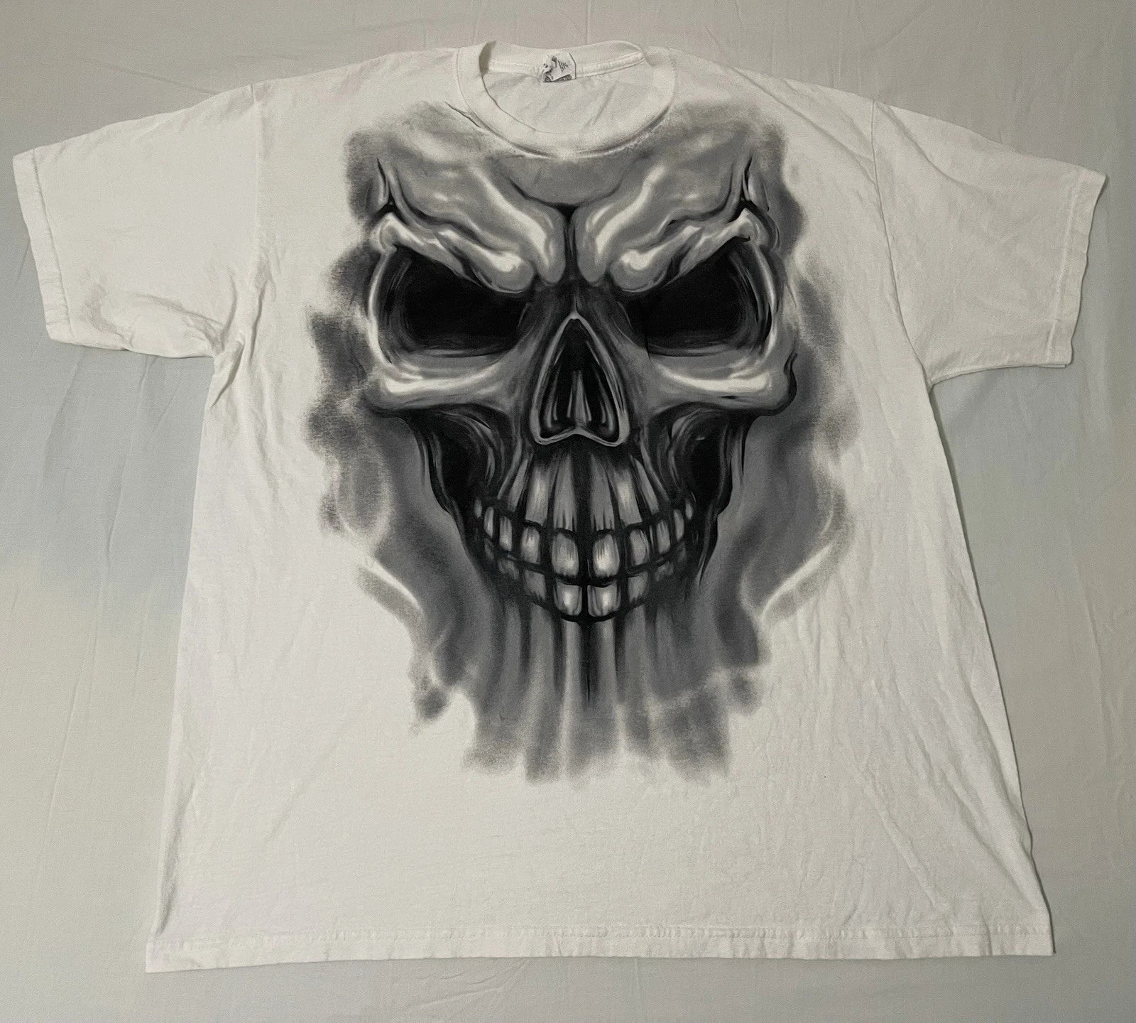 Vintage Y2K Skull Print T Shirt Mens Size XL White Cyber Goth Skater Horror