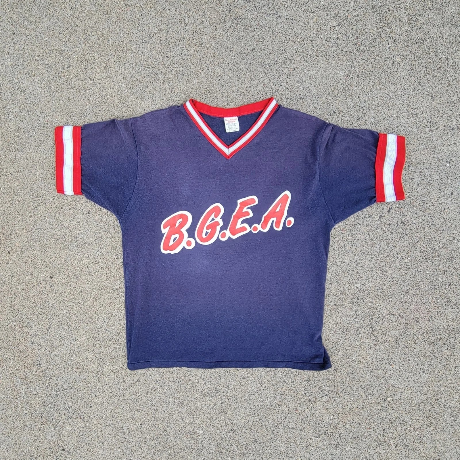 Vtg 1970s 1980s B.G.E.A Baseball V-neck Navy ringer T-shirt Jersey Made in USA