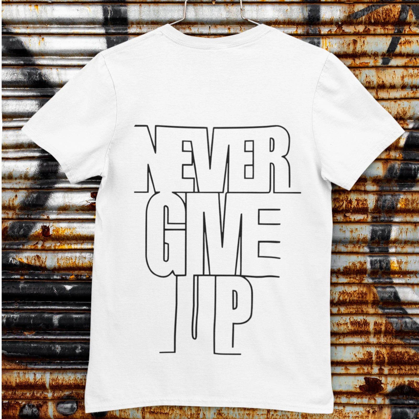 Never Give Up Motivational T-Shirt Minimalist Typography Tee Back Print