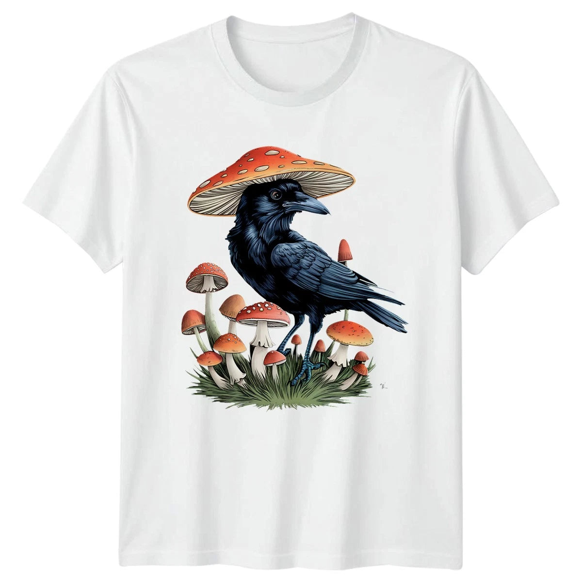 Mystical Raven Mushroom Forest Spirit T-Shirt Woodland Art Nature Birthday Gift