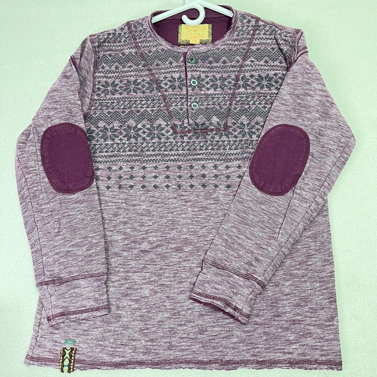 TFG Creative Garments Purple Henley Long Sleeve Shirt Elbow Patch Large