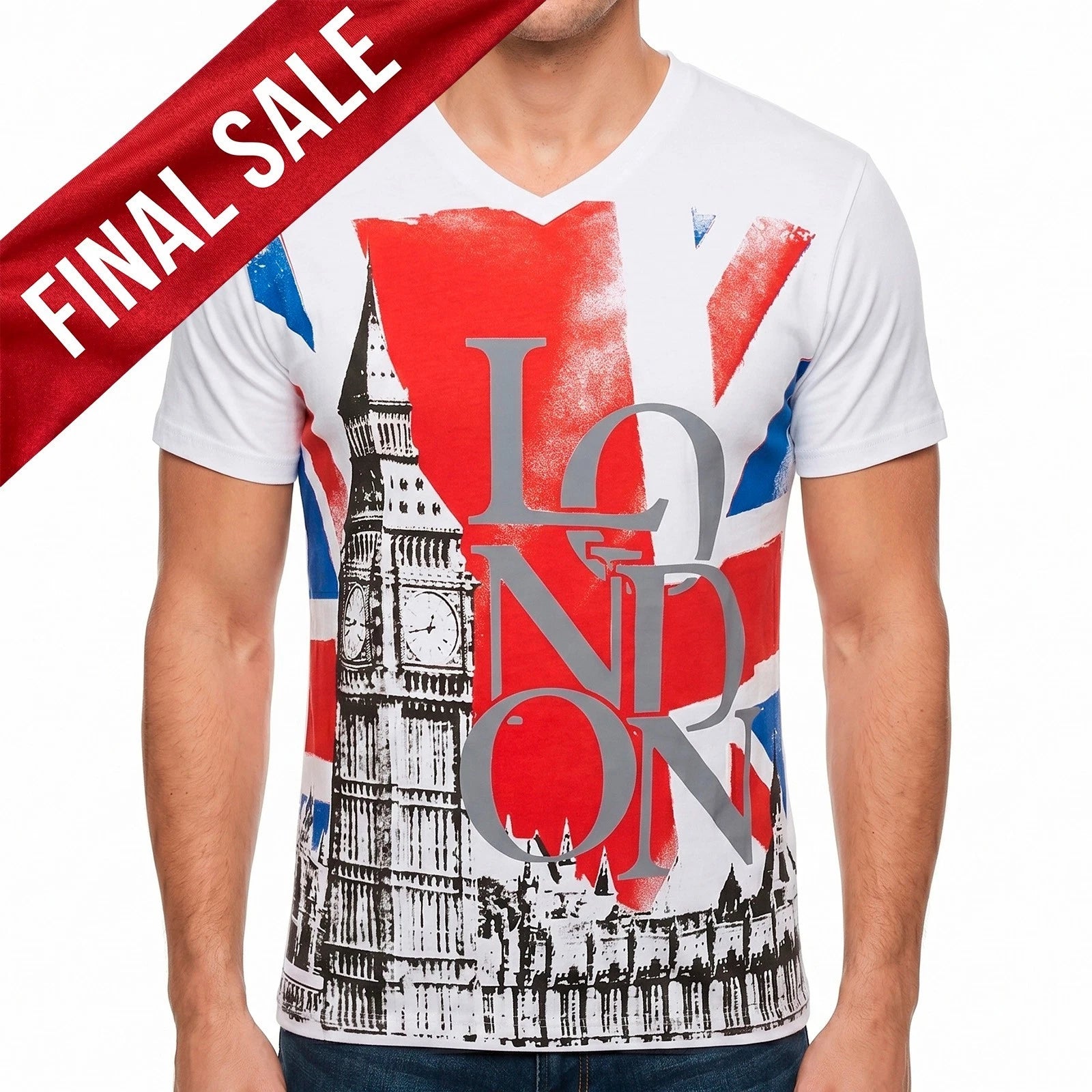 NWT LONDON BIG BEN UK ENGLAND EXCHANGE FASHION MEN'S WHITE V-NECK T-SHIRT SIZE S