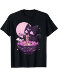 1 cute and weird cat ramen T-shirt, men's casual cotton T-shirt, round neck, sli